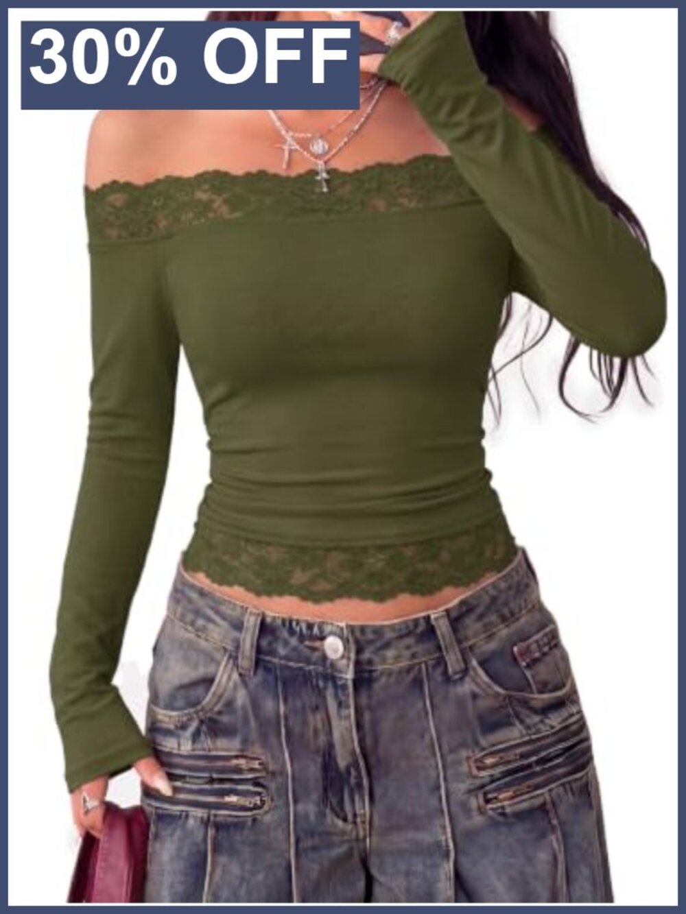 Off Shoulder Lace Crop Long Sleeve Going Out Top